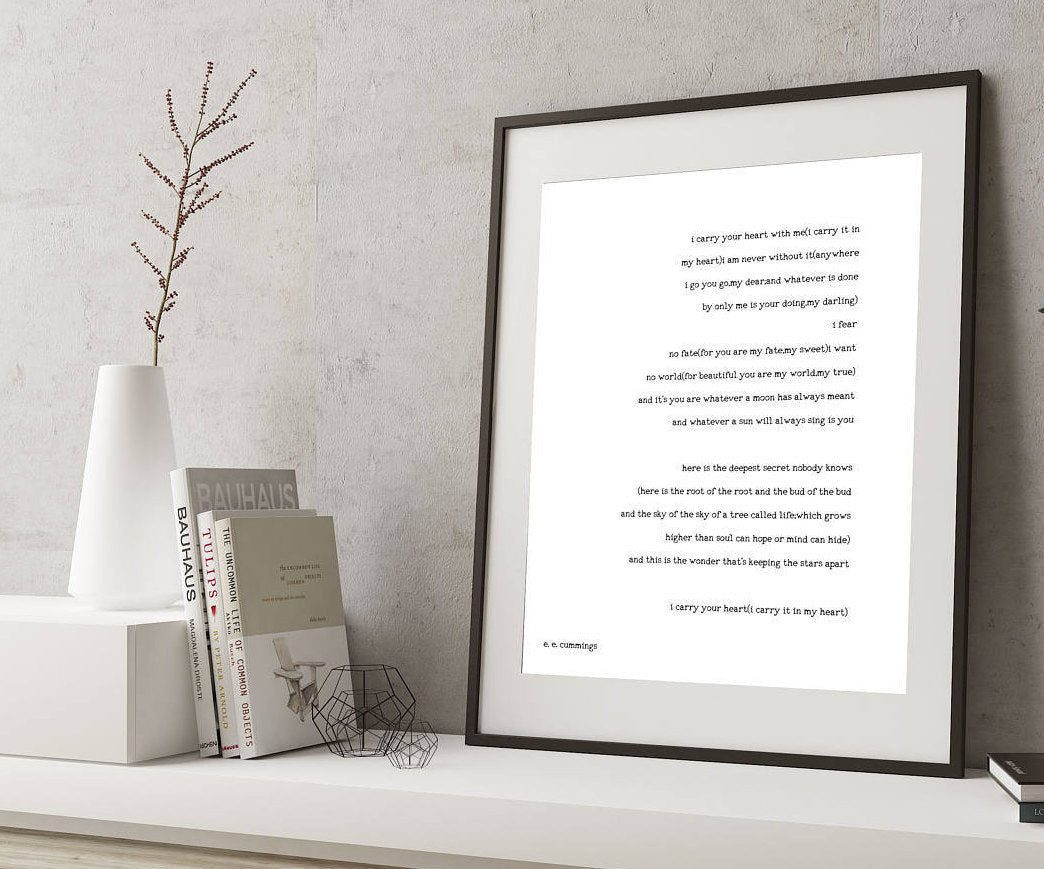 poetry quote art, ee cummings art, ee cummings print art, i carry your heart wall art, unframed wedding poem print, black & white art decor - BookQuoteDecor