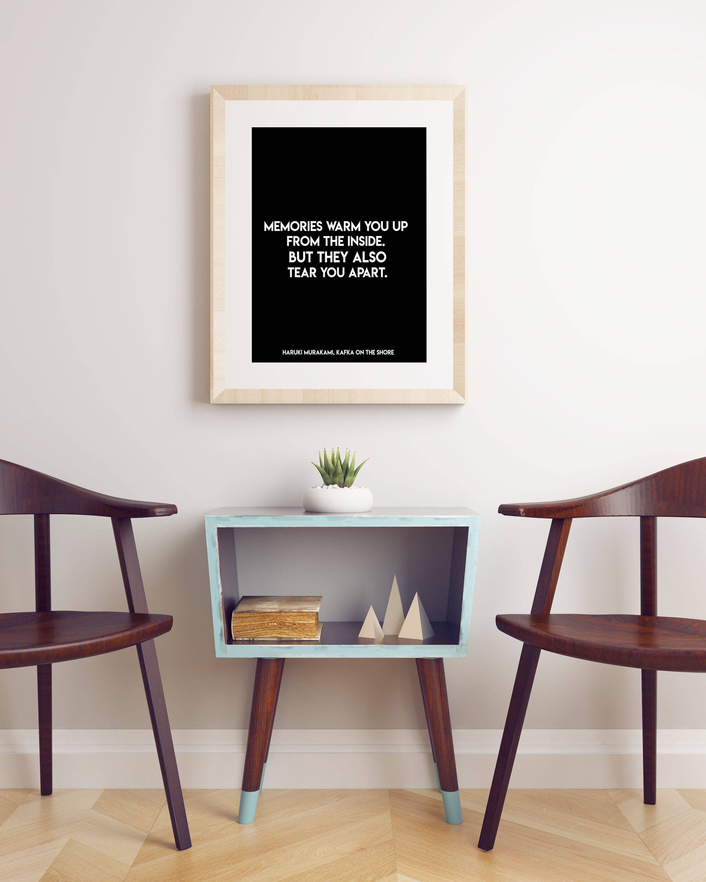 Life Quote Haruki Murakami, black and white print with memories quote