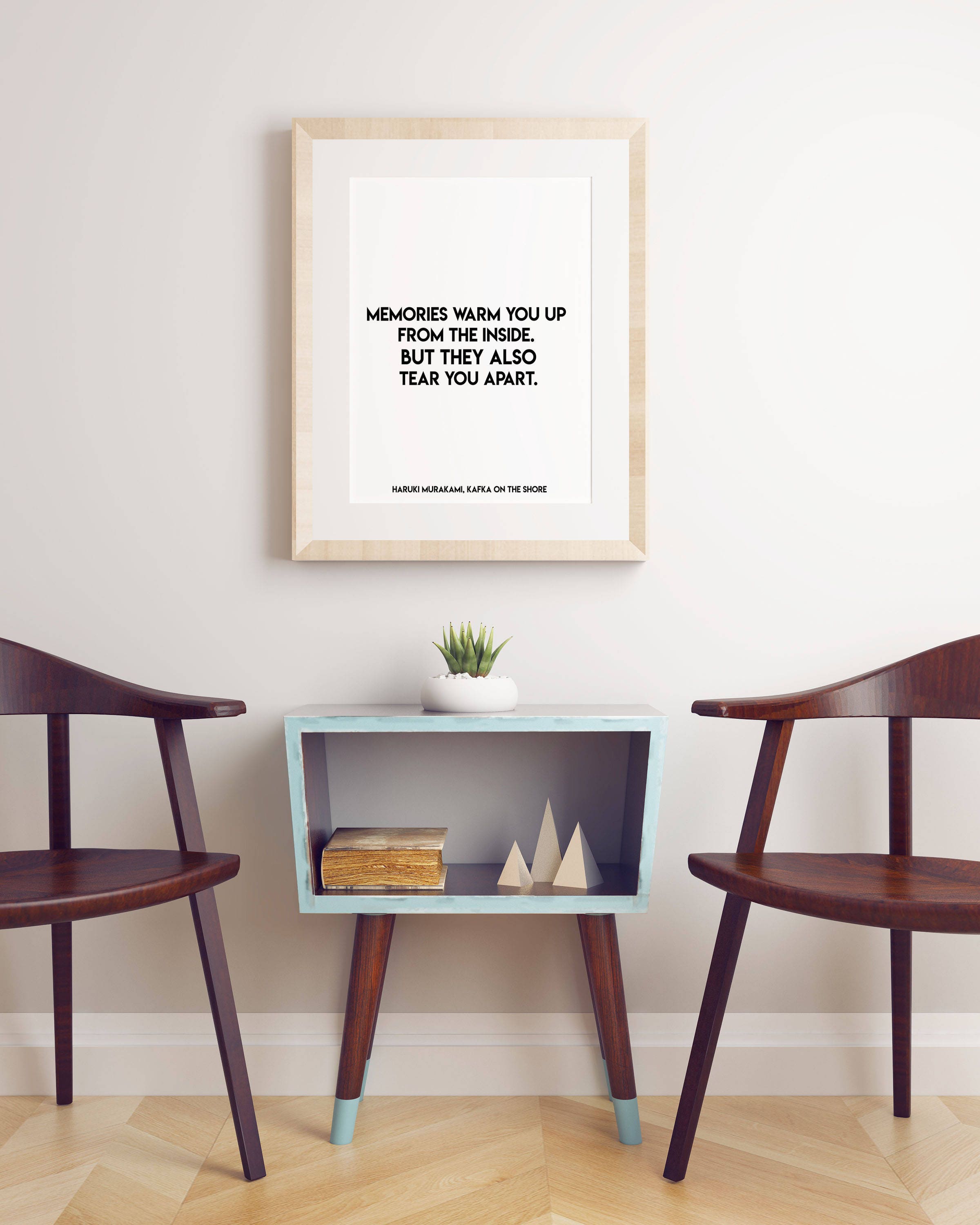 Life Quote Haruki Murakami, black and white print with memories quote