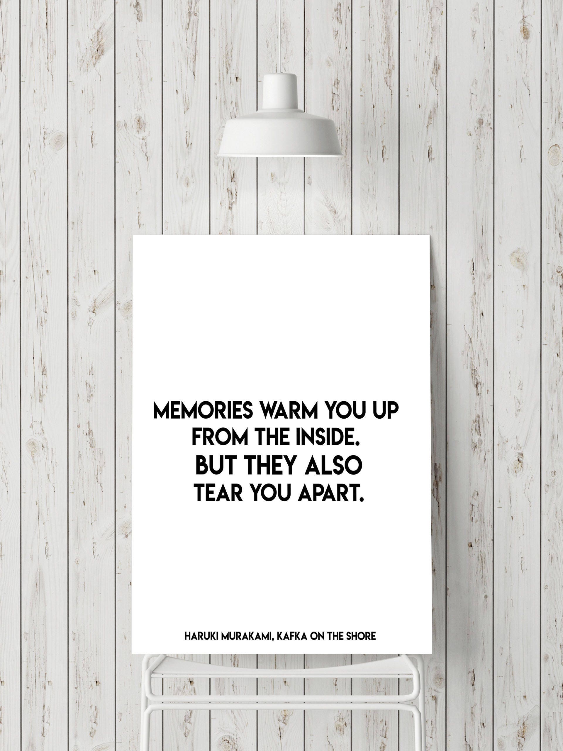 Life Quote Haruki Murakami, black and white print with memories quote