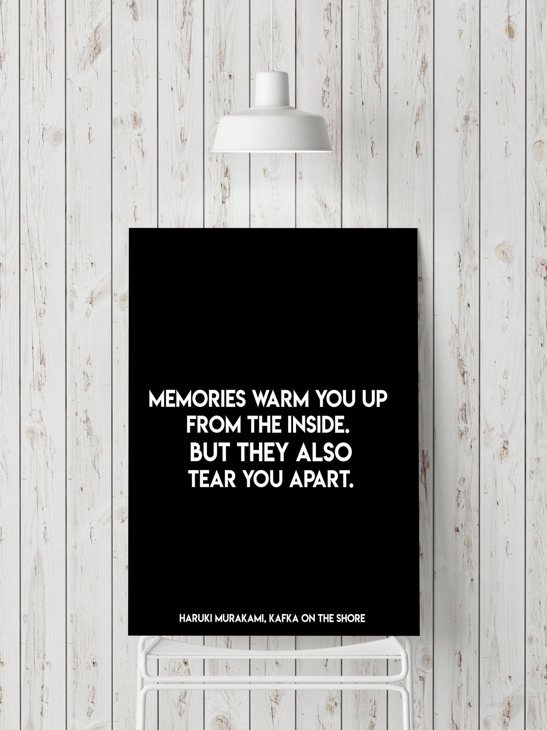 Life Quote Haruki Murakami, black and white print with memories quote