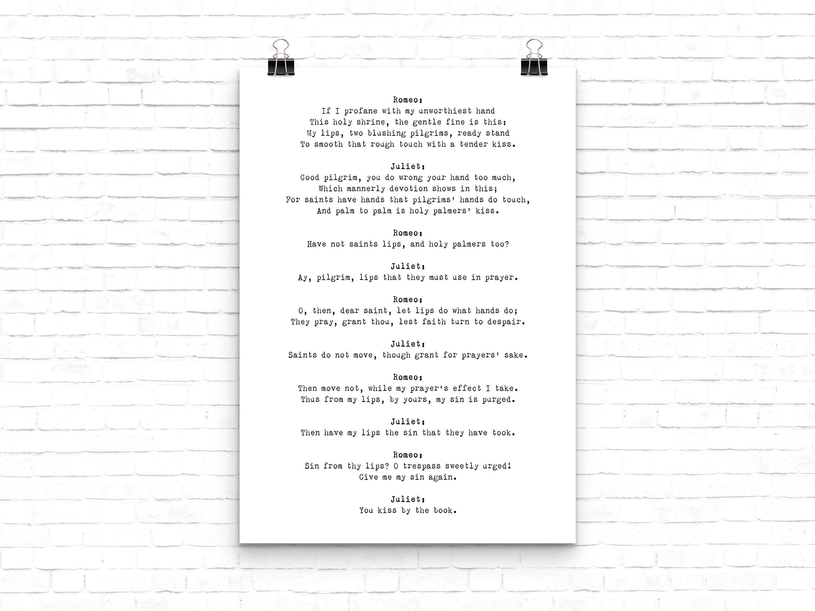 Shakespeare Quote Love Print, Romeo and Juliet Poster, Shakespeare Print, Black & White Art, You Kiss By The Book Unframed - BookQuoteDecor