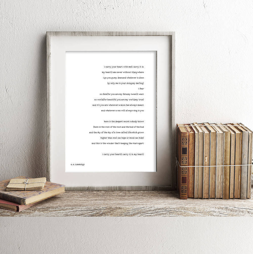 poetry quote art, ee cummings art, ee cummings print art, i carry your heart wall art, unframed wedding poem print, black & white art decor - BookQuoteDecor