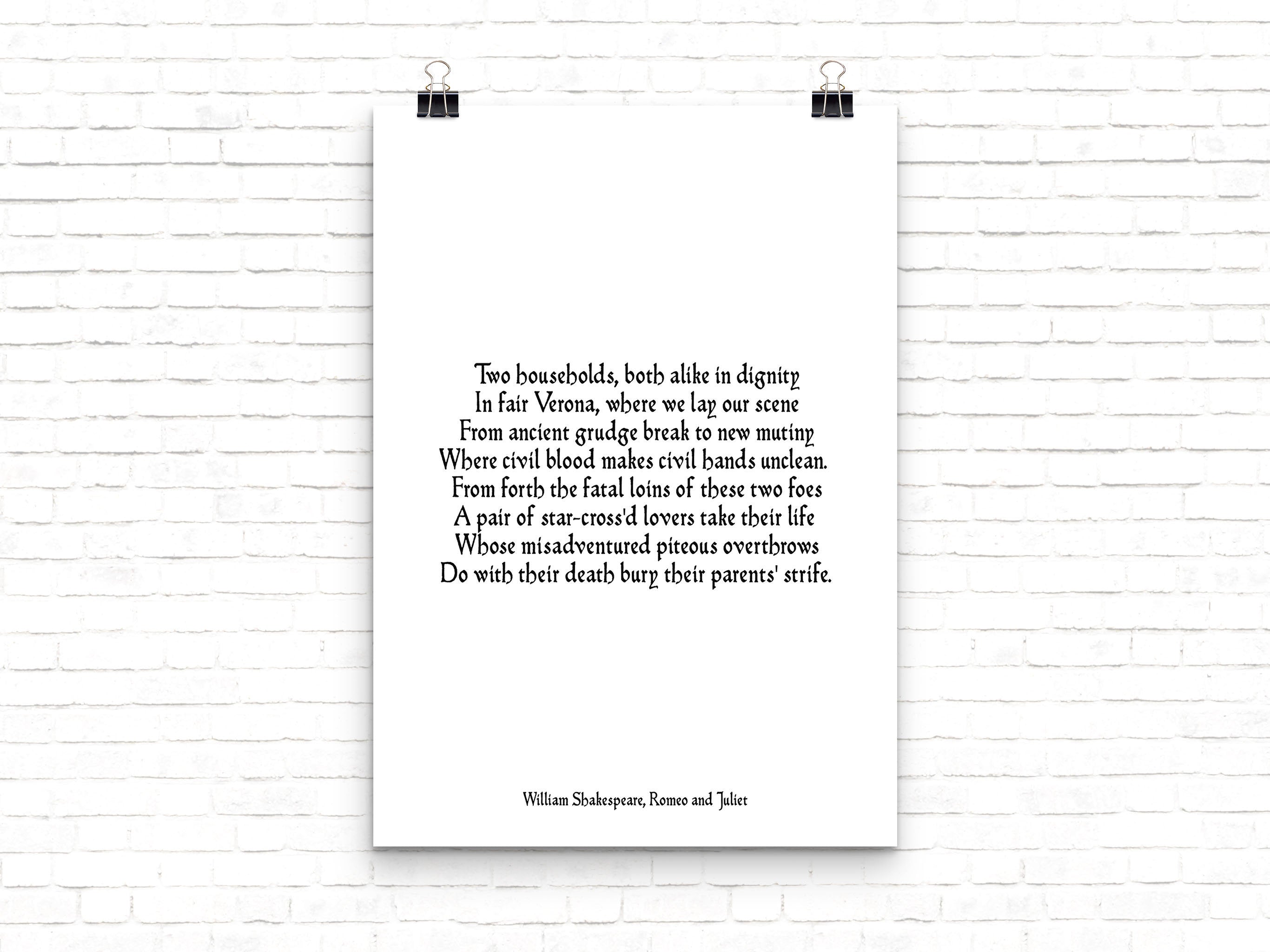 Romeo and Juliet Print, Two Households, Shakespeare Print, Opening Lines, Black & White Art, Shakespeare Quote Love Print Unframed - BookQuoteDecor