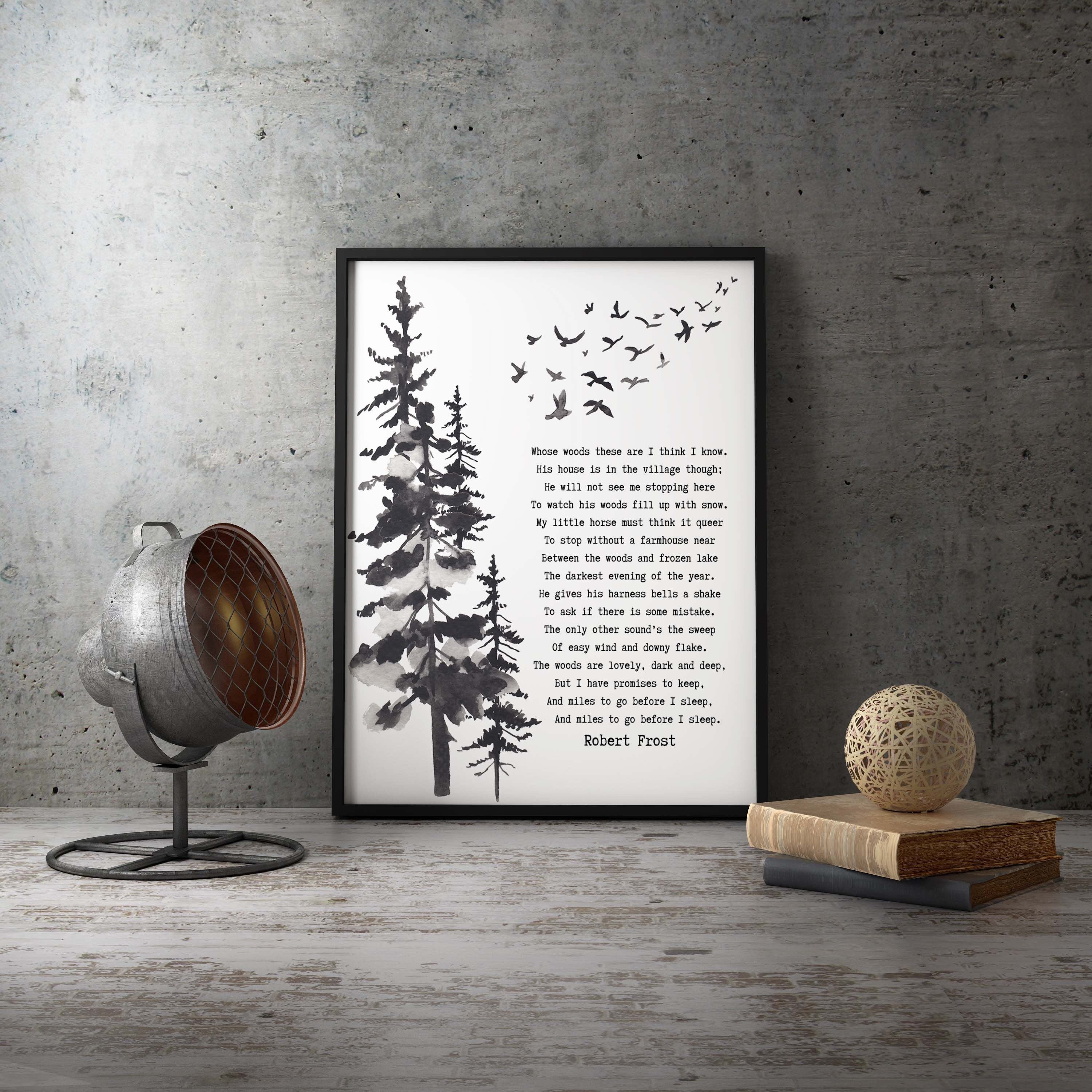 Robert Frost Stopping by the Woods on a Snowy Evening Unframed or Framed Wall Art Print in Black & White for Home Wall Decor