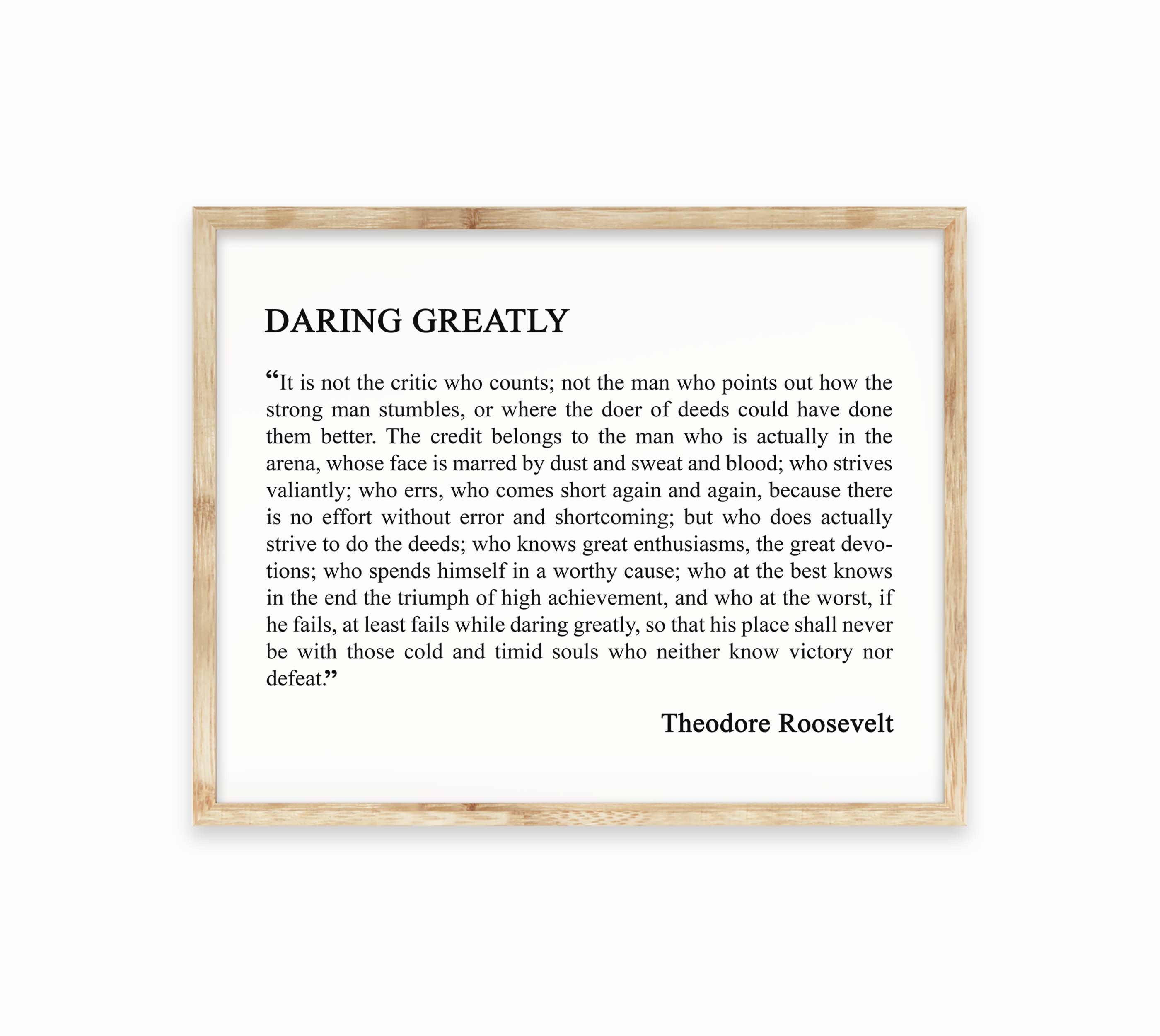 Daring Greatly Man in the Arena Theodore Roosevelt Office Wall Decor, Inspirational Quotes unframed Wall Art in Black and White