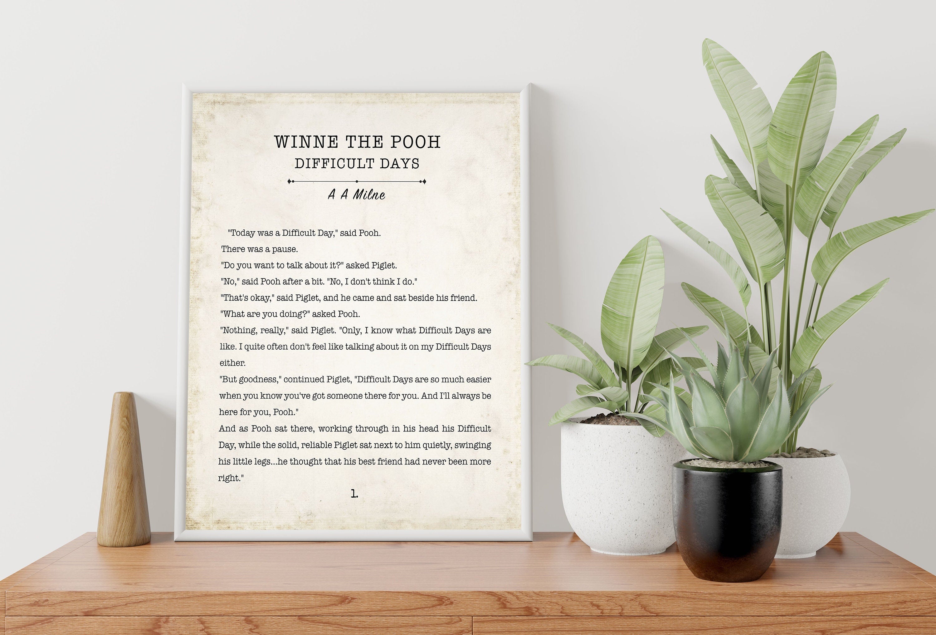 Winnie the Pooh Difficult Days Book Page Inspirational Wall Art, AA Milne Quote Vintage Style Print Wall Decor, Comforting Friendship Gift